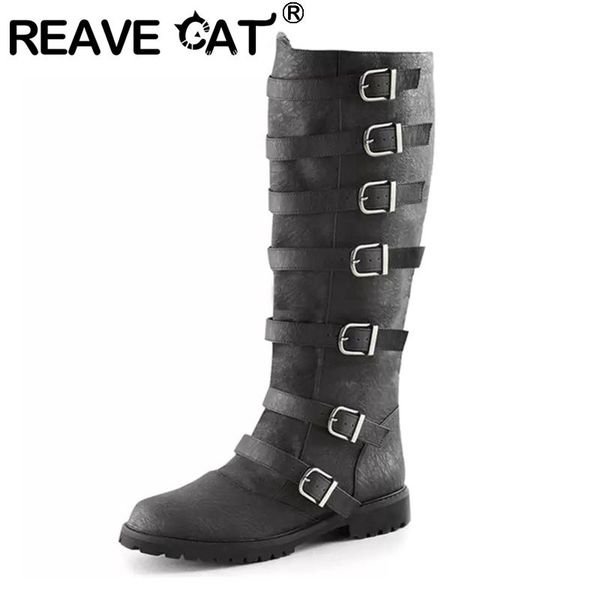 

2021 spring autumn woman knee motorcycle boots belt buckle slip on round toe flat heel size 34-48 brown black a4364