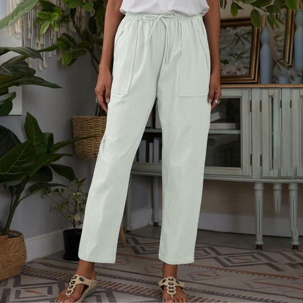 

women's pants & capris summer autumn solid color women trousers big pockets elastic waist cotton and linen loose casual pantalones, Black;white