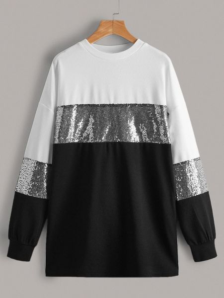 

contrast sequin panel colorblock longline pullover v9cb#, White;black