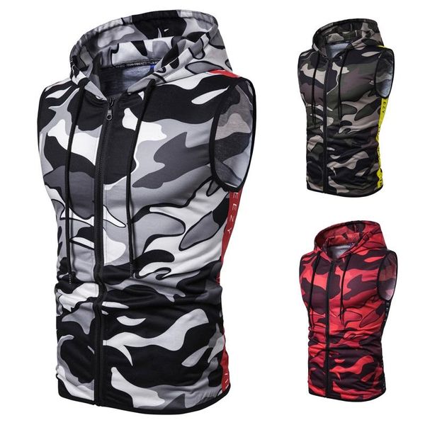 

mens fashion men' sleeveless camouflage zipper hooded vest tank, White;black