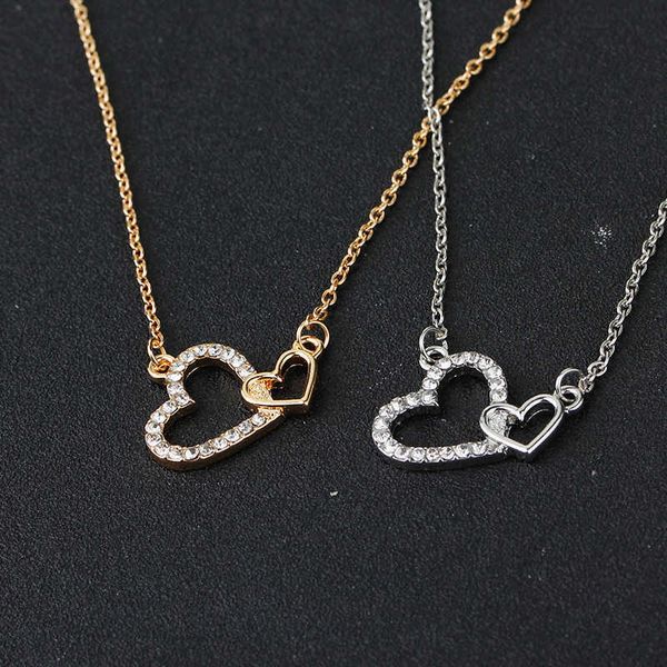 

75%off fashion jewelry creative double heart splicing love inlaid diamond pendant necklace accessories a1, Silver
