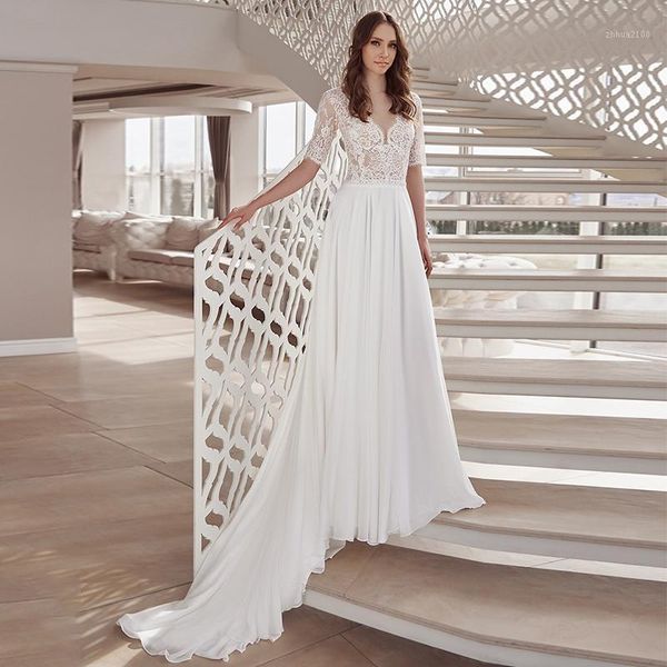 

other wedding dresses lace half sleeves chiffon party beach princess buttons v neck a line 2021 bridal gowns custom made large sizes1, White