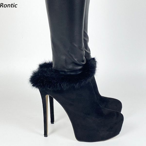 Rontic Neue Frauen Winter Plattform Pumpen Faux Wildleder Sexy Stiletto Heels Runde Kappe Elegante Schwarz Luxus Schuhe Damen UNS Größe 5-20