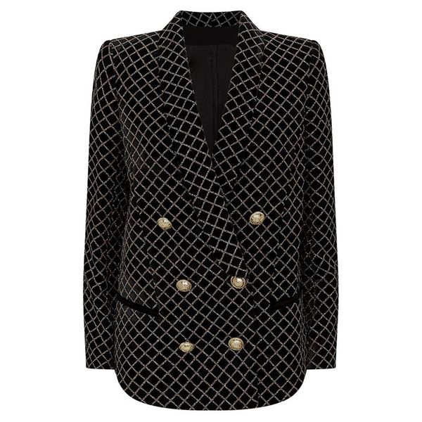 

women's suits & blazers high street 2021 est designer blazer lion buttons shawl collar classic plaid glitter embellished velvet jacket, White;black