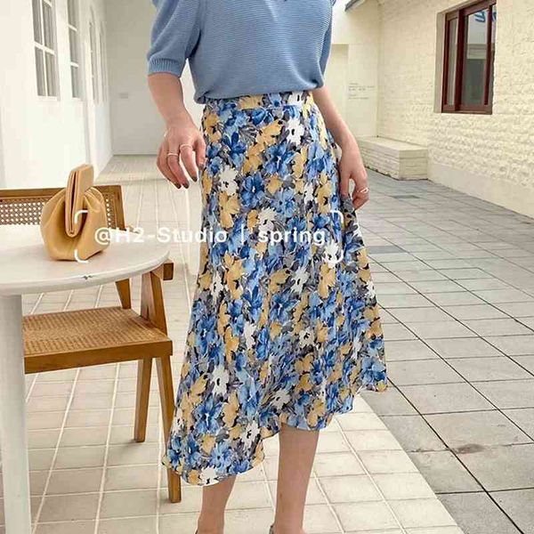 

shredded skirt women's summer medium-length high waist thin temperament a-word over knee chiffon 210522, Black