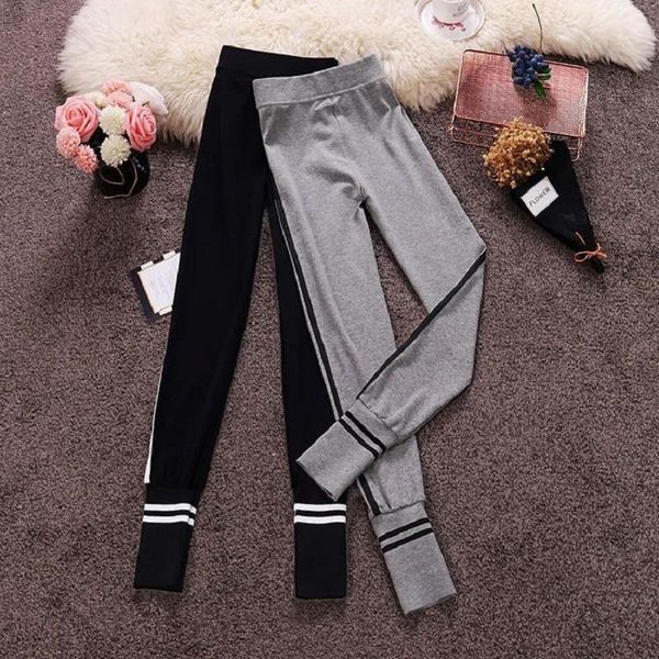

women's leggings lzmone 2021 spring and autumn hong kong style high waist stitching striped cotton bottoms slim capris, Black