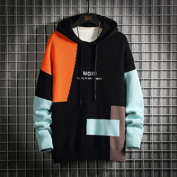 

men's sweaters 2021 hooded black patchwork long sleeves autumn winter pullover knitted o-neck plus oversize 5xl 6xl 7xl, White;black