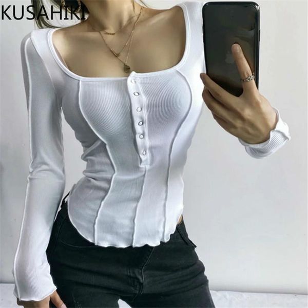 

women's t-shirt kusahiki patchwork stretch slim graphic tees women long sleeve deep square collar tshirt 2021 spring sext shirt 6e672, White