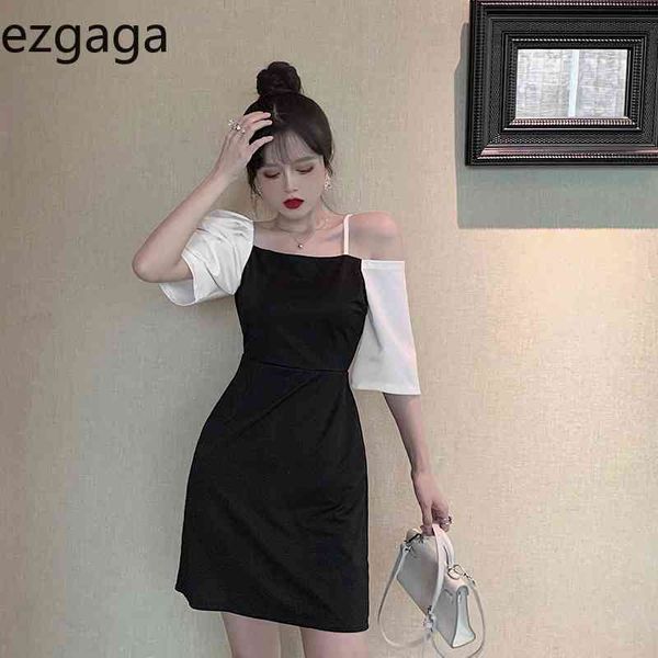 

ezgaga korean fashion contrast dress women short sleeve off shoulder asymmetrical slim waist office lady chic dress summer 210430, Black;gray