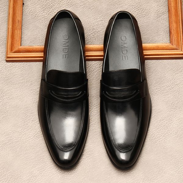

men oxford leather dress shoes genuine leather suit slip on business wedding shoe pointed toe formal italian dress shoe lofers, Black