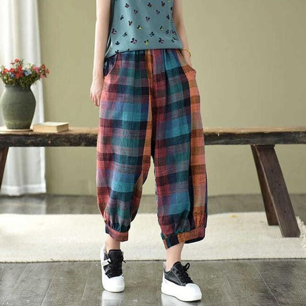 

women's pants & capris summer arts style women elastic waist cotton linen harem loose casual ankle-length vintage plaid m197, Black;white