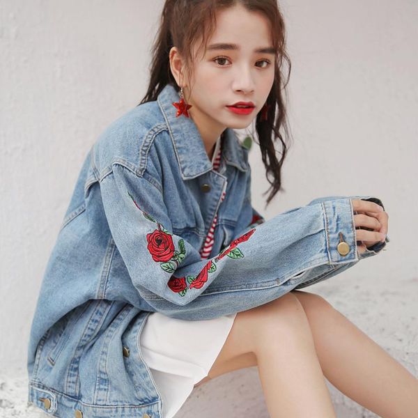 

women's jackets spring fashion long sleeves turn-down collar high-quality female embroidery loose coat short women jacket c 385, Black;brown