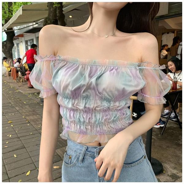 

women's blouses & shirts blusas mujer de moda 2021 summer fashion square collar off shoulder hit color shirt short sleeve crop slim mes, White