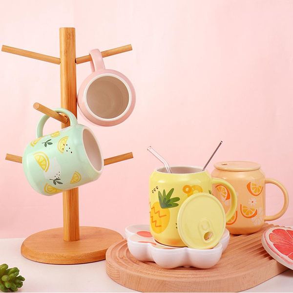 

mugs straw are soft and cute. fruit ceramics, girls children's coffee, japanese cup, spoon with lid.