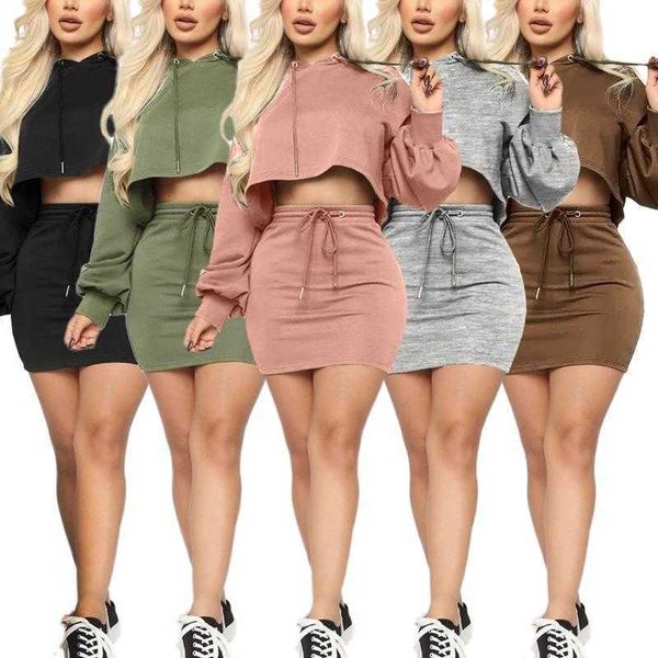 

women's tracksuits 2 pcs skirt sets loose drawstring long sleeve hoodies sweatershirt + high waist outfits, Gray