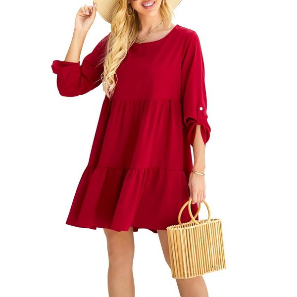 

casual dresses autumn women retro round neck dress ruffles solid color long sleeve a-line loose elegant vestidos, Black;gray