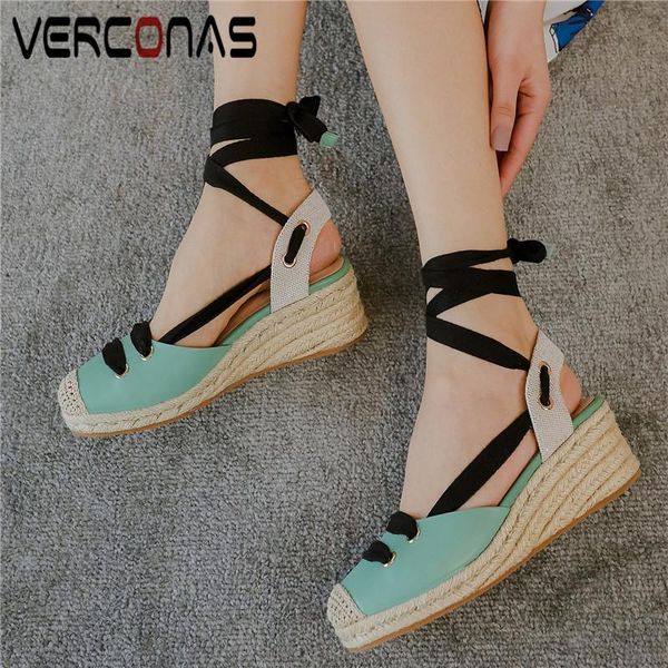 

dress shoes verconas women thick bottom genuine leather lace up heels basic sandals summer elegant woman, Black