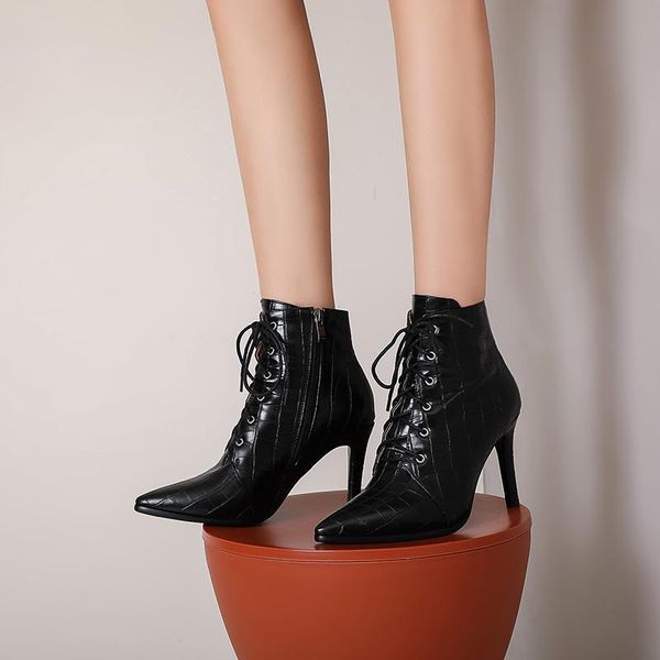 

boots fashion ankle for women pointed thin high heels black white short designer party shoes lady large size 48