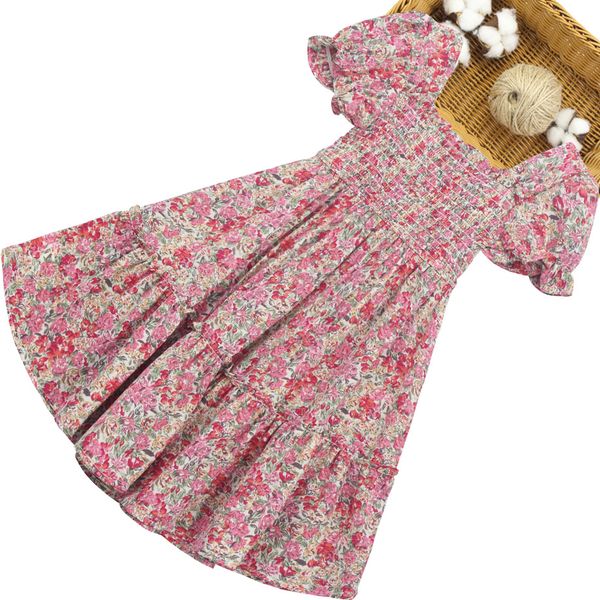 

summer dress for girls floral print dresses for girl square collar party dress child butterfly sleeve costume for girls, Red;yellow