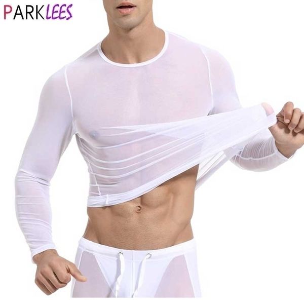 Malha Masculina Transparente Fishnet T Shirt Sexy Manga Longa Undershirts Homens Ver-Embora Muscle Bodybuilding Sheer Tops Tee 210522