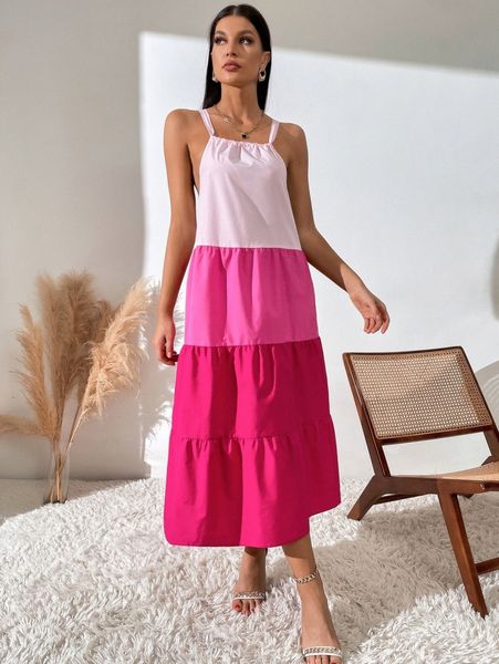 

colorblock tie back ruffle hem dress 32hq#, Black;gray