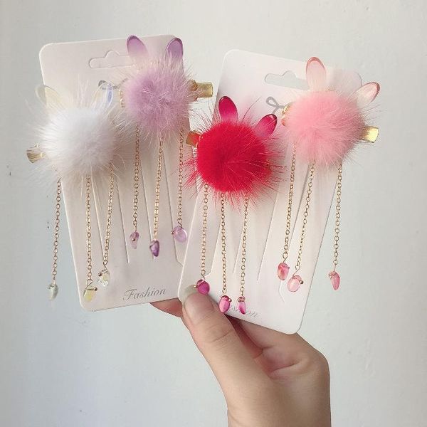 

hair accessories cute ball hairpin tassels pair clip girl student hanfu children's side, Slivery;white