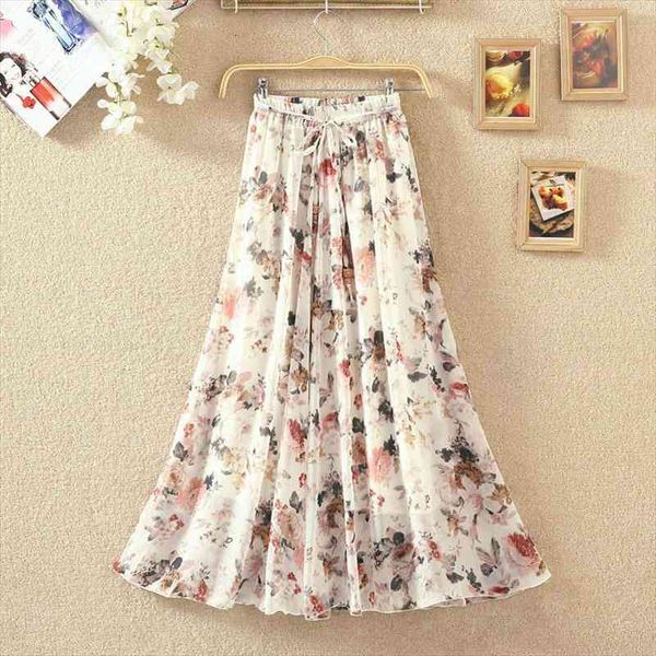 

multicolor lace up fashion women skirt a line floral freshthin chiffon long bohemian beach pleated, Black