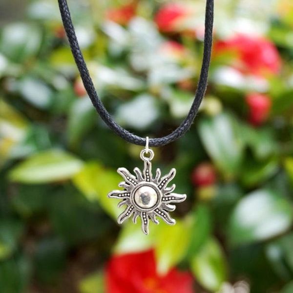 

pendant necklaces boho vibrant sun jewelry charm choker necklace, black leather choker, punk style necklace, Silver