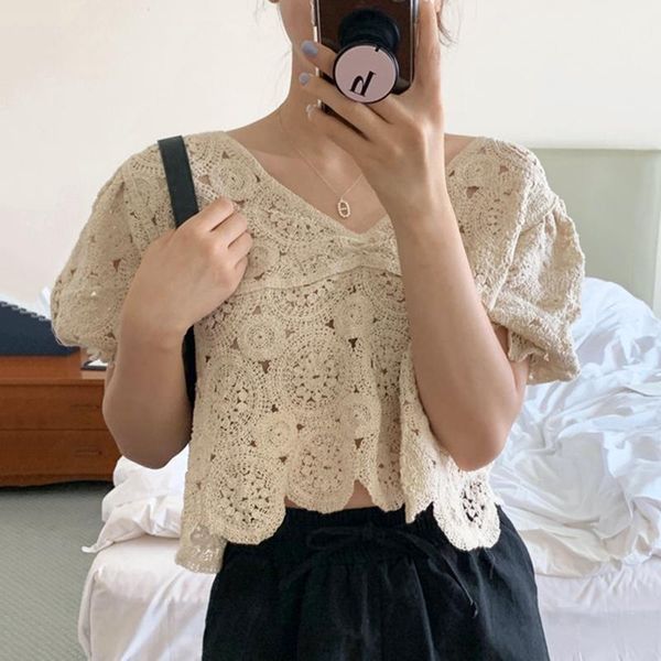

women's blouses & shirts elegant v neck puff sleeve hook flower hollow chic short women simple korean loose blouse office ladies knitte, White