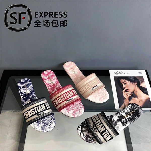 

high version d letter embroidered slippers 2021 new leather versatile 3d net red one line flat sandals m19z zmm, Black