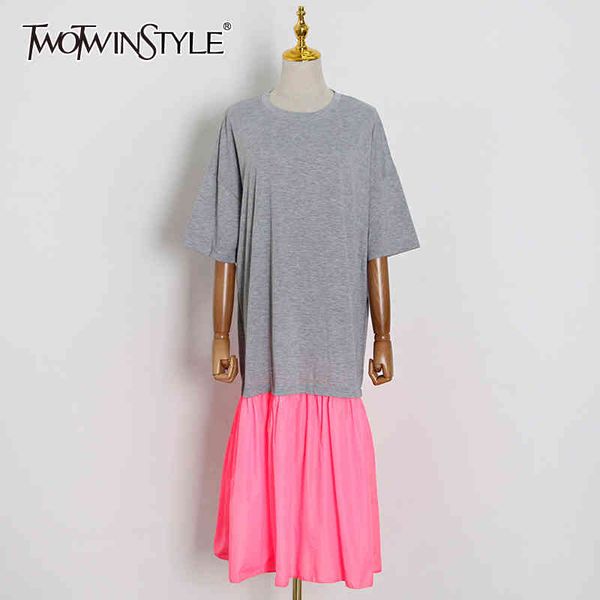 

elegant loose hit color dress for women o neck short sleeve casual patchwork dresses female fashion new clothes 210428, Black;gray