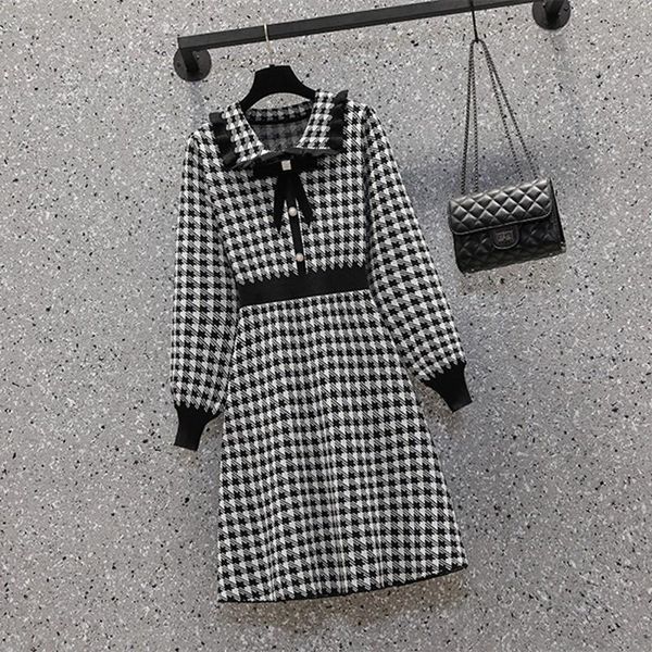 

casual dresses runway plus size fall winter houndstooth knitted sweater pearl buttons korean women's elegant bow tie vestido, Black;gray