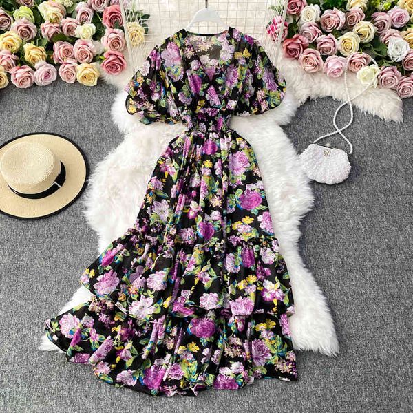 

summer holiday elegant women's layered ruffles chiffon boho dress korean clothing elastic waist v-neck floral mixi 210514, Black;gray