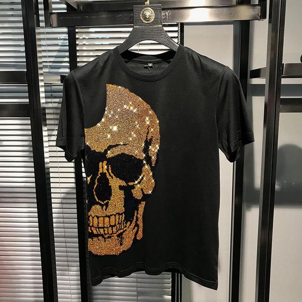 

men's t-shirts 2021 super large short sleeve o-neck street casual t-shirt shiny rhinestone big skull luxury top, White;black