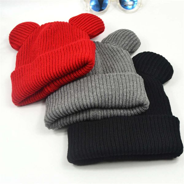 

hat lovely simple cat ear woolen warm pure color knitted lady, Blue;gray