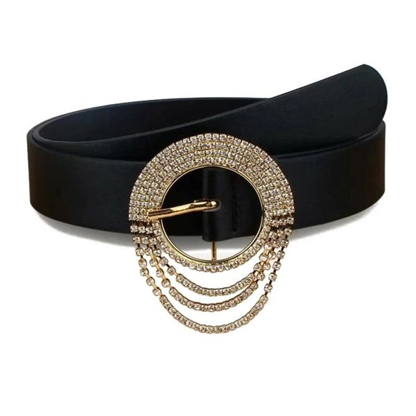 

belts fashion rhinestone women geometric hollow round buckle waistbelt black pu leather dress coat waist decorations, Black;brown