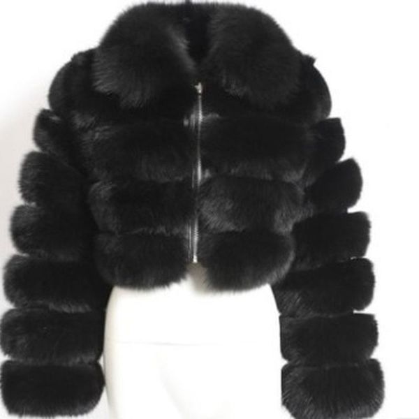 

women's fur & faux ms short hooded coat man-made overcoat long hair stitched sleeves women woman jacket, Black