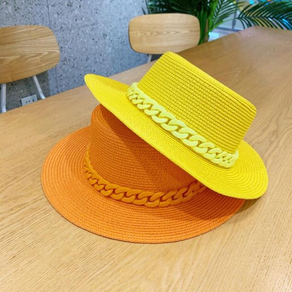 

wide brim hats 2021 chain flat straw sun hat women's summer korean casual sunshade color british traveling holiday beach, Blue;gray