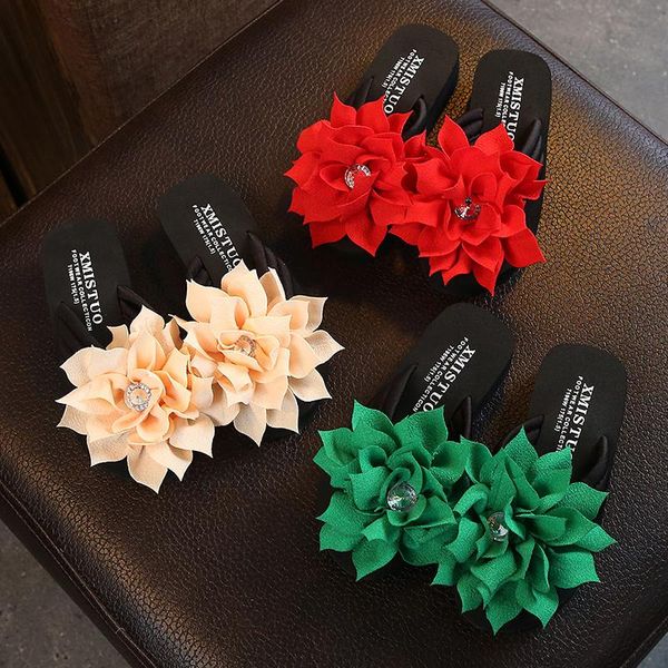 

slipper flower girls slippers fashion flip flogs super light sweet beach shoes summer princess non-slip parent child 25-42#, Black;grey