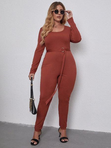 

plus scoop neck lace up back belted unitard jumpsuit l7wm#, Black