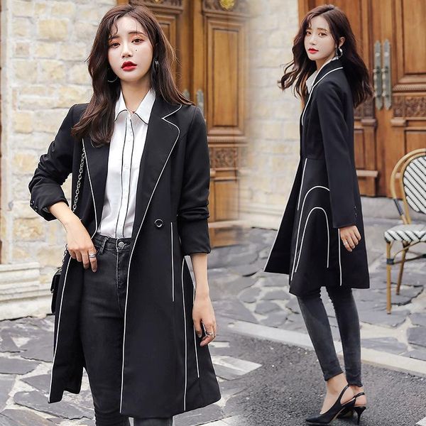 

women's trench coats women clothes windbreaker solid color female long section autumn single buckle coat korean knee jacket, Tan;black