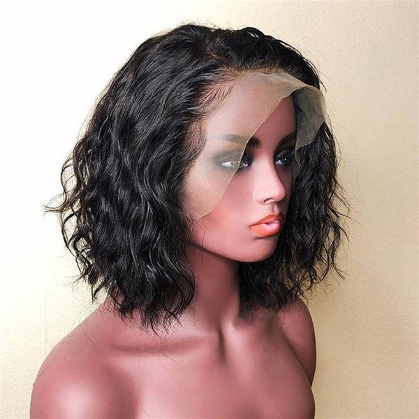 

150% density curly glueless body wave short cut bob synthetic 13x4lace front wig black with baby hair for women daily preplucked