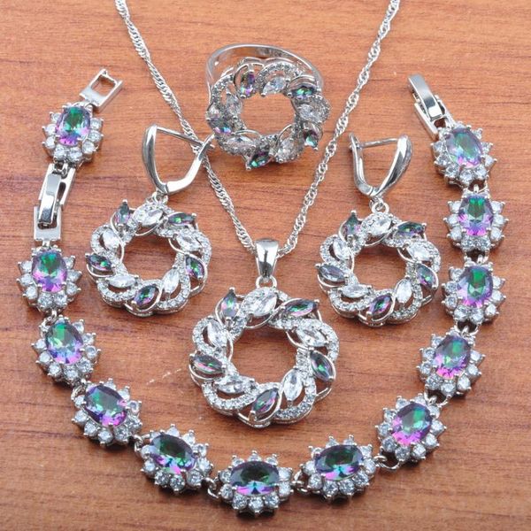 

earrings & necklace luxury jewelry set for women wedding rainbow zirconia silver color pendant rings bracelet sets js0375