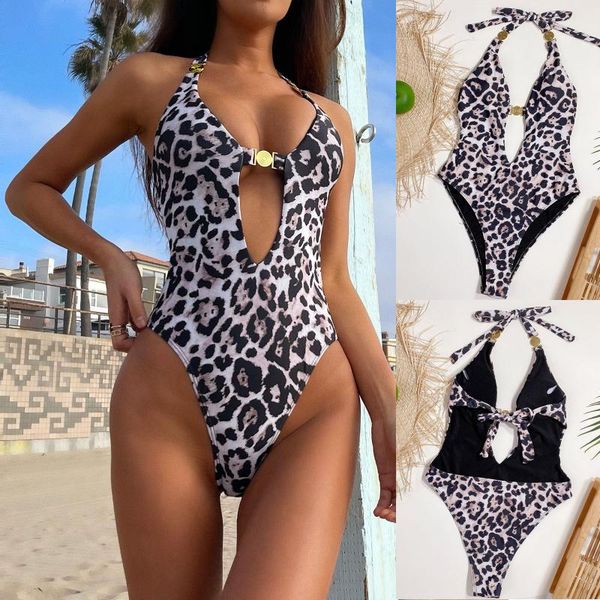 

women's swimwear leopard deep v neck halter women one piece swimsuit female monokini backless bather bathing suit swim lady, White;black