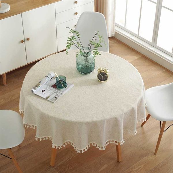 Einfarbige runde Tischdecke mit weißem Quastendekor für Teeschutz, Leinenbezug, Karte 211103