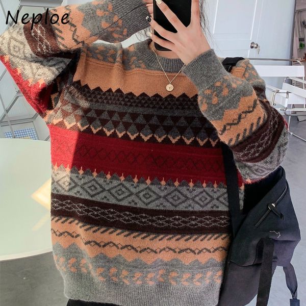 

autumn japan style women sweaters chic panelled patchwork loose pullovers vintage o-neck knitted jacket 1h348 210430, White;black
