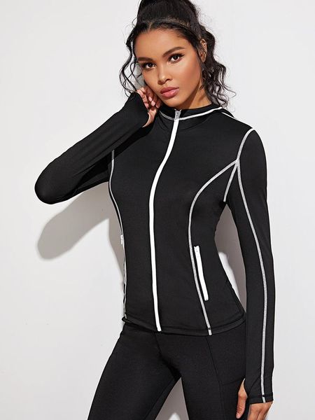 

yoga outfits women's long sleeve shirt elastic thumb hole sport jacket zipper cardigan workout with pocket hooded, White;red
