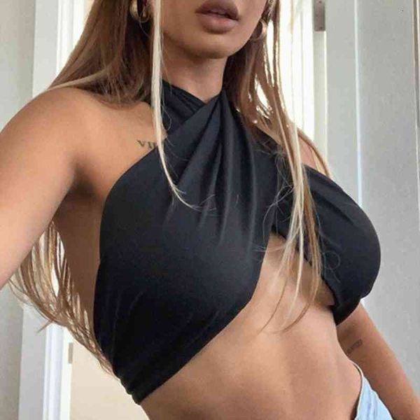 

cool girls crop open back bandage hanging neck bra vest back womens fashion casual solid color halter female, White