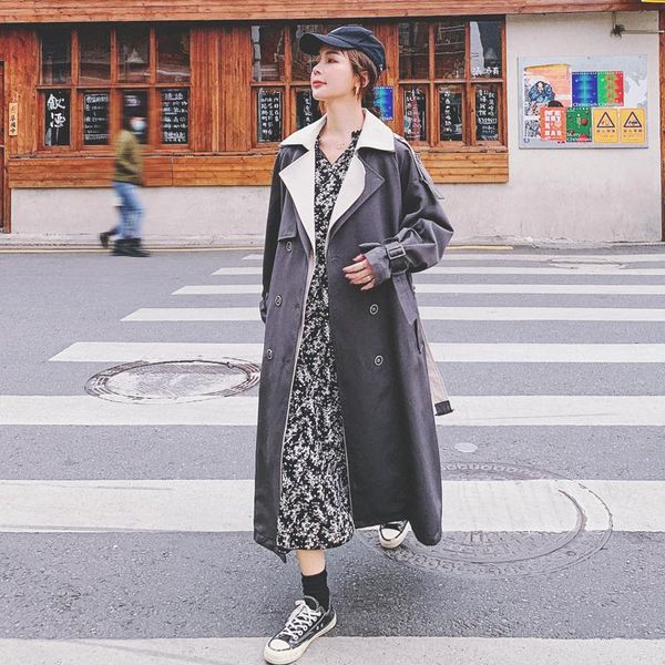 

women's trench coats brand fashion double-breasted long women coat grey with belt spring autumn fall outerwear lady duster for female, Tan;black