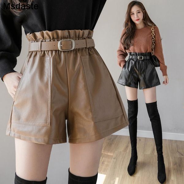 

women's shorts women 2021 a-line loose wide leg roll up hem high elastic waist lady casual pu leather woman bud, White;black